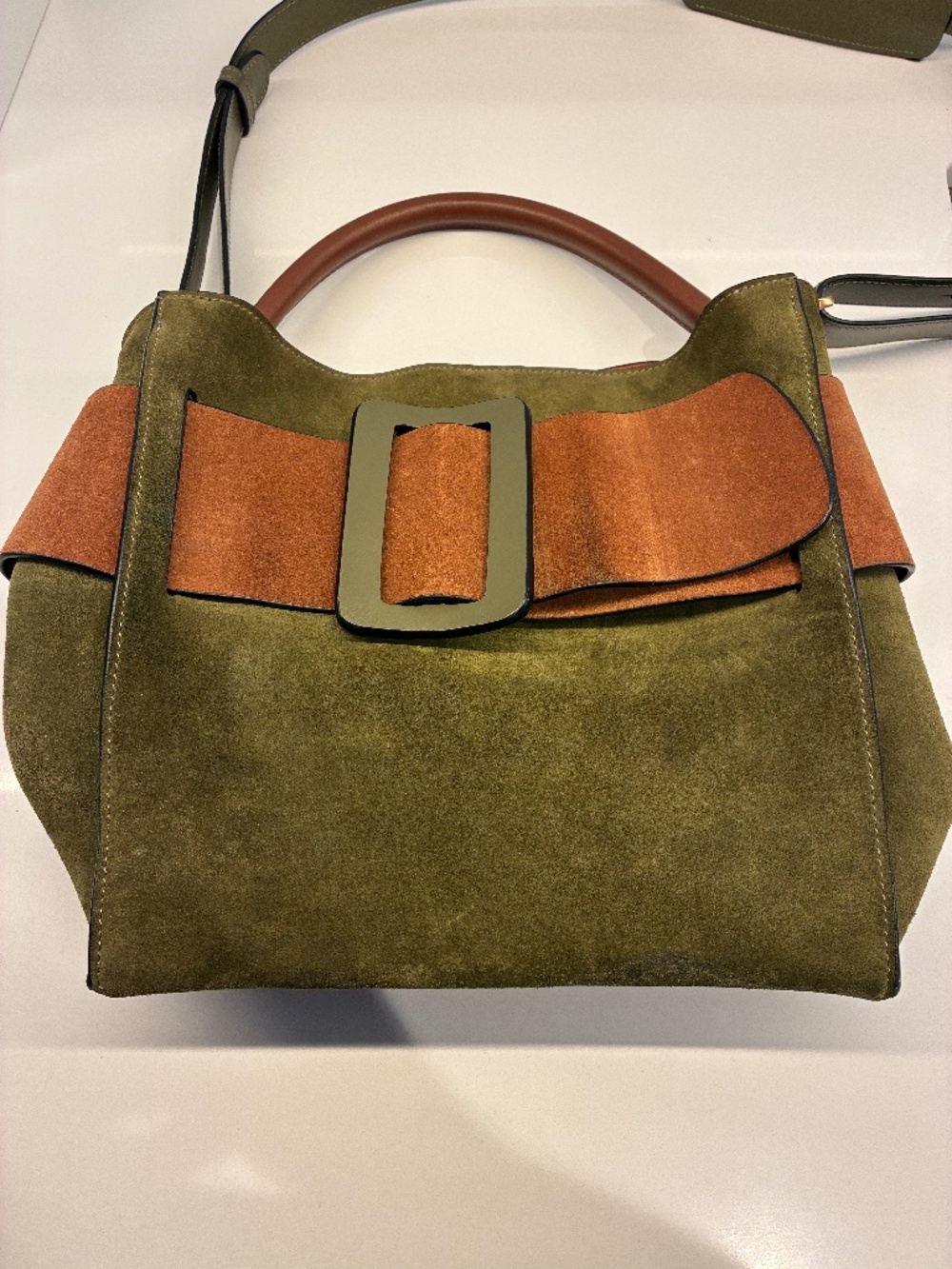 BOYY Olive Green Rust Suede Leather Buckle Top Handle Shoulder Bag Designer